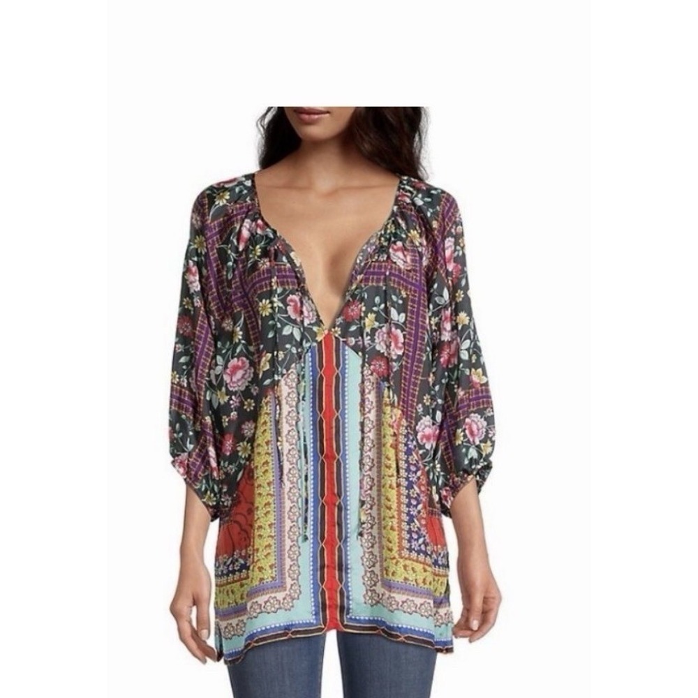 Johnny Was‎ Lookout Electra Tunic M 100% Silk Floral Boho Peasant Blouse Top